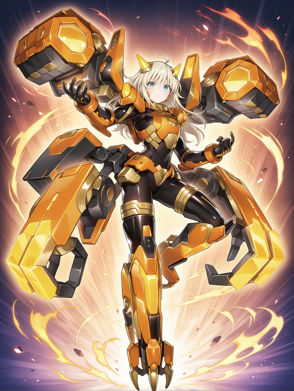 1girl, sky striker ace - kaina, orange power armor, mecha musume, official alternate costume, solo, clenched hand, open hand, glowing, full body, looking at viewer, v-shaped eyebrows, black bodysuit, orange mechanical parts, multi mechanical parts, orange headgear, orange armored gloves, orange breastplate, orange mechanical boots, official art, knee up,
masterpiece,best quality,amazing quality,very aesthetic,absurdres,newest,<lora:Sky striker ace - Raye illusXL v1:0.85>,