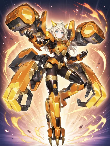 1girl, sky striker ace - kaina, orange power armor, mecha musume, official alternate costume, solo, clenched hand, open hand, glowing, full body, looking at viewer, v-shaped eyebrows, black bodysuit, orange mechanical parts, multi mechanical parts, orange headgear, orange armored gloves, orange breastplate, orange mechanical boots, official art, knee up,
masterpiece,best quality,amazing quality,very aesthetic,absurdres,newest,<lora:Sky striker ace - Raye illusXL v1:0.85>,