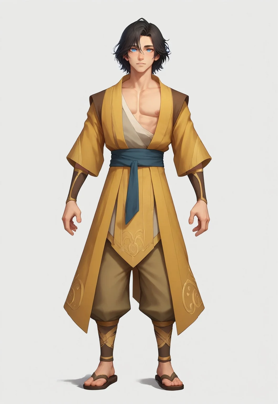 score_9, score_8_up, score_7_up, 8k, best quality, charturnerv2, sz4d3k, 1boy, even skin tone, cell shaded, male focus, indirect lighting, detailed face, detailed eyes, detailed, Expressiveh, adult male, Koryu, black hair, blue eyes, golden water tribe robes, visible chest, tan pants, sandals, full body, standing, solo, alone,