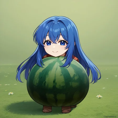 score_9, score_8_up, source_anime, Watamelon,no humans, creature, chibi, watermelon, all fours,<lora:caeda-fe-richy-v1_pdxl:1> caedadef, blue eyes, blue hair, long hair,light smile