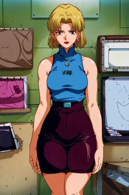 (masterpiece), (1girl:1.3), (sfw), ritsuko (wearing a tank top, wearing a short pencil skirt), ((small_tits)),  sitting posing for a picture in a (office:1.4), office chair, mole under eye, makeup, lipstick, red lips, earrings, short hair, ((blonde hair:1.6)), bangs, brown eyes, (extremely wide hips:1.5, extremely thick thighs:1.5), squishy skin,  (vhs:1.3), (analog quality:1.4), (film grain:1.6),  <lora:breastHelperBetaLORA_betaV1:0.5> <lora:ritsukoAkagi_v10:0.6> <lora:evangelion1995Style_v1:1>