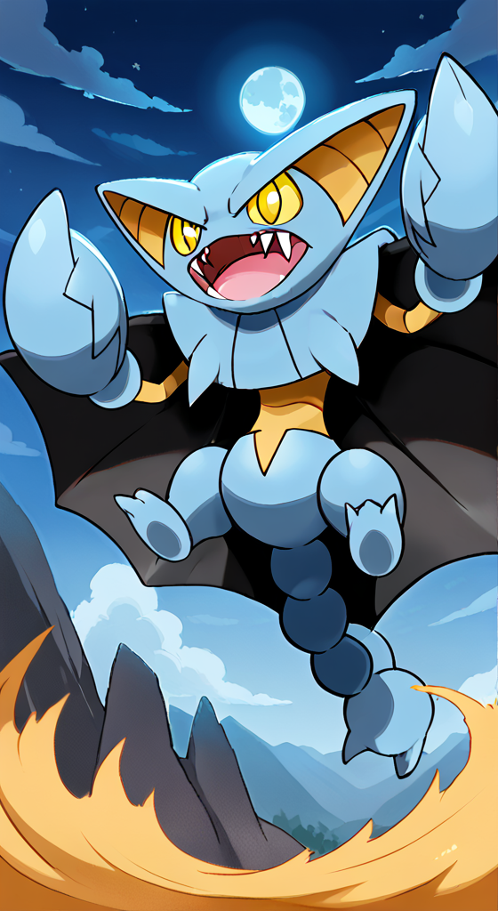 score_9, score_8_up, score_7_up, score_6_up, score_5_up, score_4_up, masterpiece, 32k, highres, absurdres, sharp outlines, raGliscor, black wings, yellow eyes, yellow sclera, yellow torso, yellow arms, light blue skin, pokemon \(creature\), outdoors, sky, canyon, night, fangs, moon, standing, rocks, nature, (full moon:1.3), glowing moon, battle-ready, dust, (Swirling dust:1.3), roaring, looking at viewer, attack pose, angry, SFX effects, motion effects,