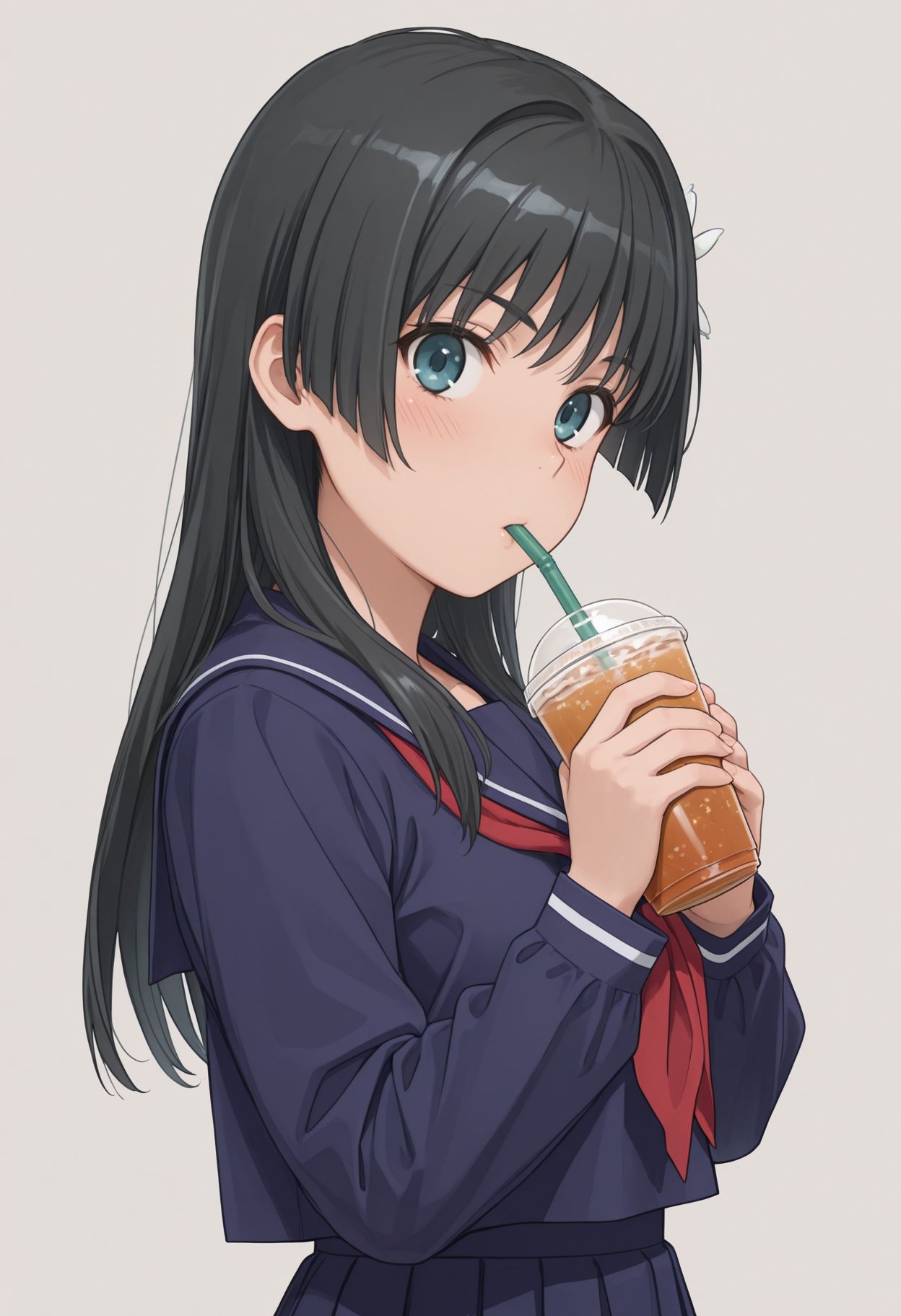 masterpiece,amazing quality,best quality,ultra-detailed, upper body, close portrait, looking at viewer, disposable cup, drinking straw, holding cup, white background,, portrait, blush, upper body, simple background ,
 <lora:Saten Ruiko illu:1> 1girl, long hair, black hair, hair ornament, hair flower, blue eyes, sakugawa school uniform, winter uniform, blue serafuku ,red neckerchief blue sailor collar, blue skirt, blue shirt, long sleeves, long skirt