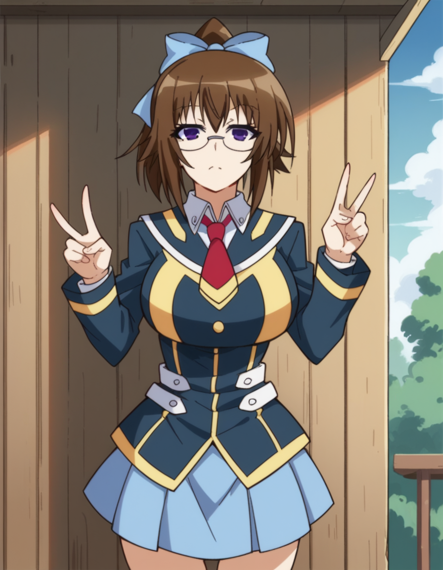 score_9, score_8_up, score_7_up, source_anime, <lora:mogana-kikaijima-s2-ponyxl-lora-nochekaiser:1>, mogana kikaijima, brown hair, purple eyes, ponytail, glasses, hair bow, blue hair bow, large breasts,, skirt, school uniform, necktie,, hut, small, rural, wood, shelter, , v, v over eyes,, looking at viewer, solo,, dutch angle, cowboy shot