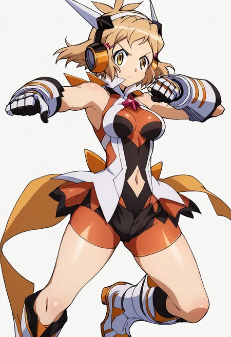 score_9, score_8_up, score_7_up, masterpiece, anime_lineart, solo, big thighs, thin waist, medium breasts, White background, fighting pose, Blonde hair, yellow eyes, short hair, head accessories, Gloves, leotard, boots, Hibiki Tachibana (Season 01), headphones, gauntlets,(navel cutout), shorts