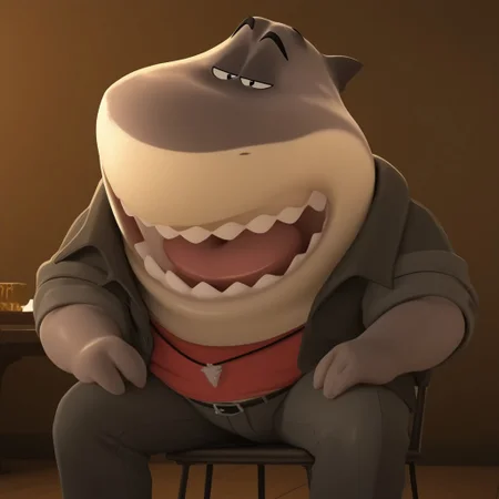 Masterpiece, High quality, amazing quality, Mr_shark, anthro, fat, sitting on a chair, open mouth, smile, Sharp teeth, half closed eyes, sexy, 3d, (solo), belly, (open mouth, open mouth wide, Tongue), looking at viewer