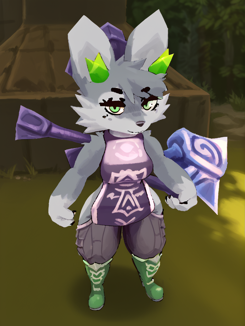 score_9, score_8_up, score_7_up, 2d \(artwork\), digital media \(artwork\), digital drawing \(artwork\), BREAK, solo, furry, female, wolf, tabard, gray body, green eyes, gray freckles, green horns, medium breasts, armor, green boots, blue hammer, looking at viewer, forest, <lora:Kiseff:1>, <lora:style_atlyss_xl_v1-000090:1>