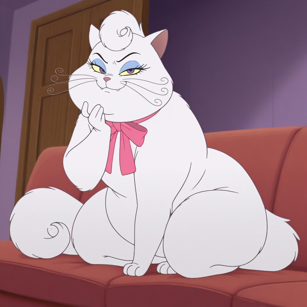 masterpiece, best quality, amazing quality, official style, p0mp0m, female, furry female, (feral), solo, cat, short hair, white fur, blue eyelids, eyelashes, yellow sclera, purple eyes, pink nose, whiskers, sharp teeth, busy tail, paw pads, obese, pink bow, sitting, hand on chin, smirk, narrowed eyes, looking at viewer, indoors, living room