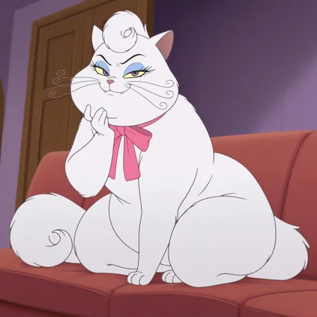 masterpiece, best quality, amazing quality, official style, p0mp0m, female, furry female, (feral), solo, cat, short hair, white fur, blue eyelids, eyelashes, yellow sclera, purple eyes, pink nose, whiskers, sharp teeth, busy tail, paw pads, obese, pink bow, sitting, hand on chin, smirk, narrowed eyes, looking at viewer, indoors, living room