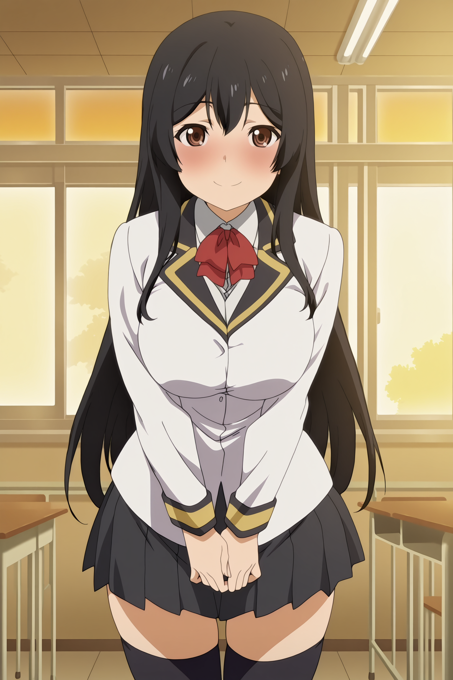 anime screencap, anime coloring, detailed face, masterpiece, best quality, very aesthetic, absurdres,  volumetric lighting, official style, amazing quality, ultra detailed,  highres, amazing quality, scenery, beautiful detailed hair, beautiful detailed eyes, defined fingers,
 <lora:Sadako:1>
Sadako's uniform outfit, Sadako (character), 1girl, solo, long hair, school uniform, brown eyes, black hair, black thighhighs, standing, indoors, looking at viewer, v arms, cute smile, blushing, cowboy shot, large breasts, facing the viewer
 skirt, desk, classroom, school desk, window