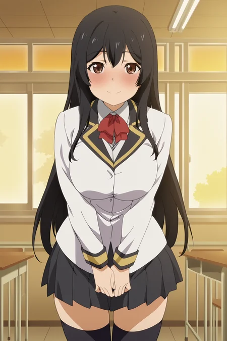 anime screencap, anime coloring, detailed face, masterpiece, best quality, very aesthetic, absurdres,  volumetric lighting, official style, amazing quality, ultra detailed,  highres, amazing quality, scenery, beautiful detailed hair, beautiful detailed eyes, defined fingers,
 <lora:Sadako:1>
Sadako's uniform outfit, Sadako (character), 1girl, solo, long hair, school uniform, brown eyes, black hair, black thighhighs, standing, indoors, looking at viewer, v arms, cute smile, blushing, cowboy shot, large breasts, facing the viewer
 skirt, desk, classroom, school desk, window