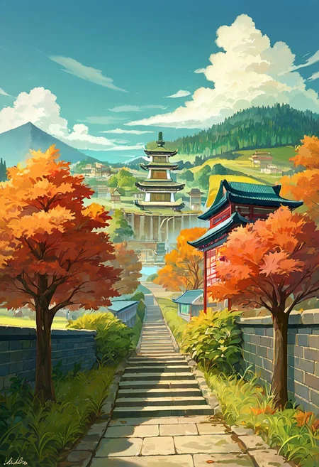 score_9, score_8_up, score_7_up, BREAK
scenery, landscape, tile wall, fog, grass, window, building, stucco, path, outdoors, tree, east asian architecture, no humans, dirt, autumn leaves, architecture, blue sky, bush, castle, plant, pagoda, sky, wall, stairs, town, nature, cloudy sky, mountain, light, green theme, cloud, stone wall, entrance