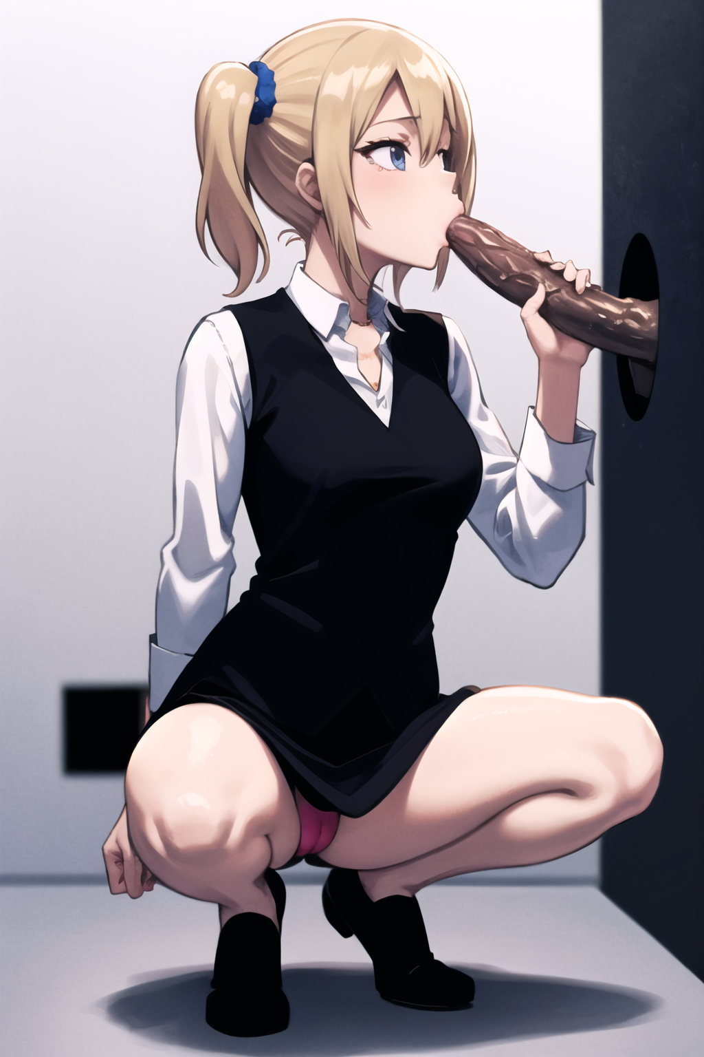 masterpiece, best quality, ultra-detailed, 1girl, glory hole, fellatio, penis, aahayasaka, side ponytail, medium breasts, necklace, collared shirt, black vest, sleeves rolled up,  squatting