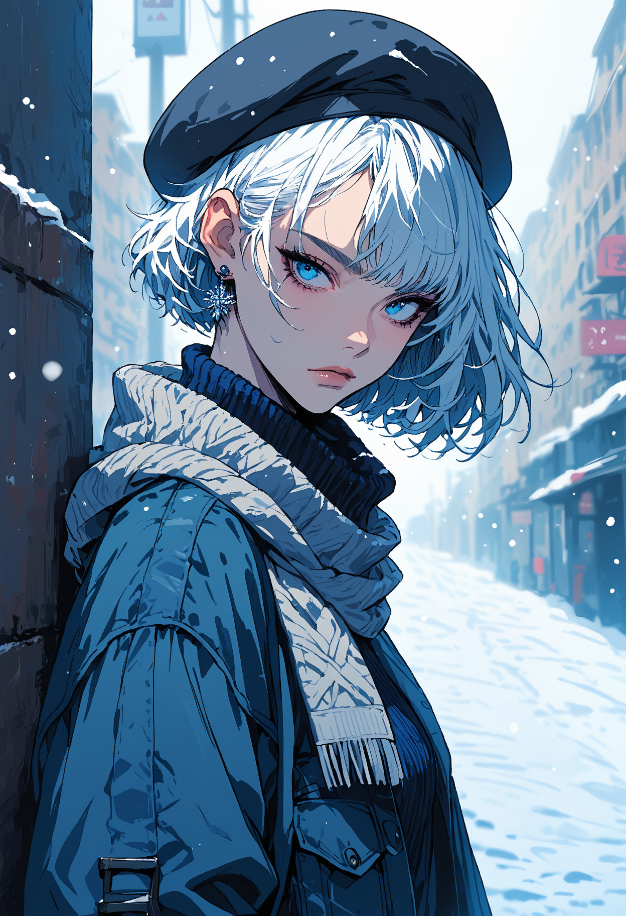 score_9, score_8_up, score_7_up,source_anime,1girl,solo,white hair,short hair,choppy hair,disheveled hair,swept bangs,blue marine eyes,perfecteyes,eyebrows,hair behind ear,earrings,diamond earrings,blue earrings,high neck sweater,dark blue sweater,white scarf,scarf around neck,,beret,belt,fur trim jacket,cargo pants,headtilt,snow storm,snowing,snow,siozick,flat colors,closed mouth,((full body))
