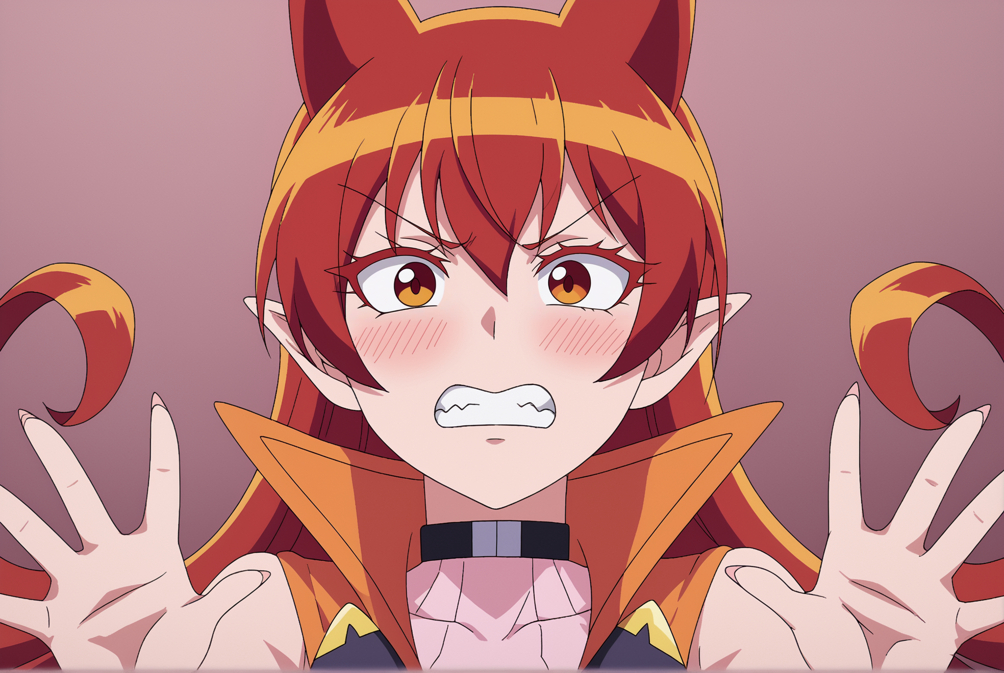 <lora:Amelie:0.8>, Amelie, 1girl, solo, breasts, looking at viewer, blush, upper body, horns, teeth, choker, pink background, demon girl, clenched teeth, high collar, open hands, hair horns