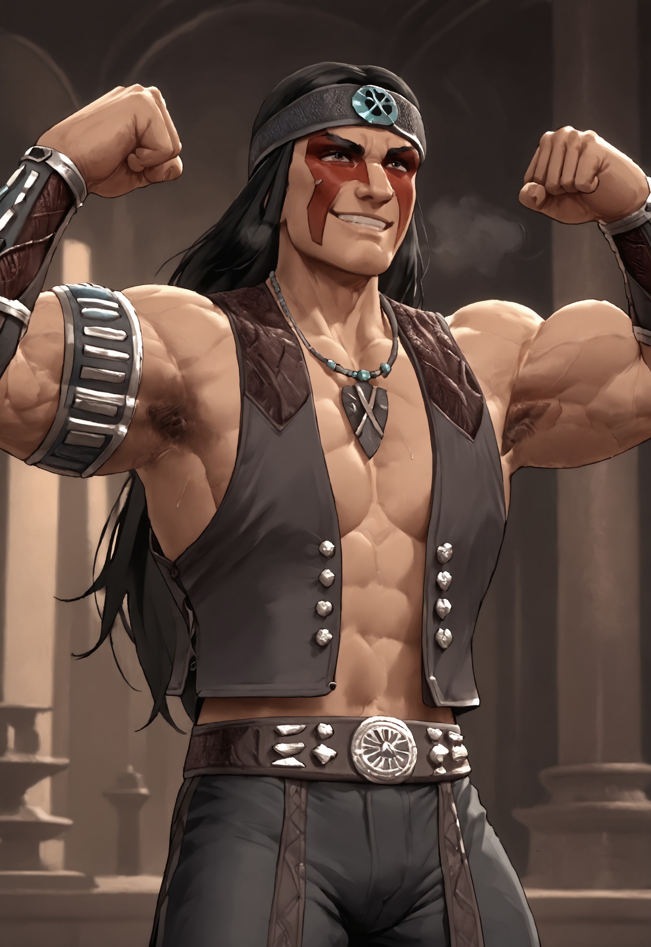 safe_pos, safe_pos, score_9, score_8_up, score_7_up, rating_nsfw, ultra hd, absurdres, solo, 1boy, masterpiece, best quality, best aesthetic, Expressiveh, wolfconf,

MK9Nightwolf, long hair with headband, black hair, vest, necklace, bracer, face paint, flexing arms, smile, horny, in heat, musk, musky