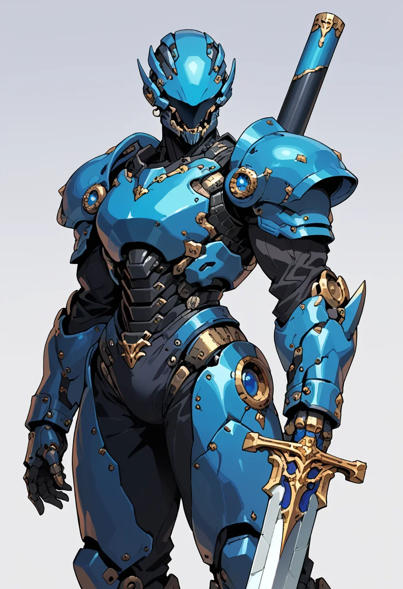 score_9, score_8_up, score_7_up, mechanical armor, solo, robot, standing, simple background, armor, holding sword, shoulder armor, gauntlets, full armor, Electric Blue and Midnight Blue,
<lora:ArmorPunkV4:1> arm0rpunkv4,