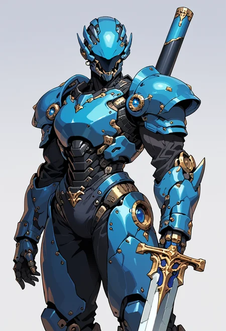 score_9, score_8_up, score_7_up, mechanical armor, solo, robot, standing, simple background, armor, holding sword, shoulder armor, gauntlets, full armor, Electric Blue and Midnight Blue,
<lora:ArmorPunkV4:1> arm0rpunkv4,