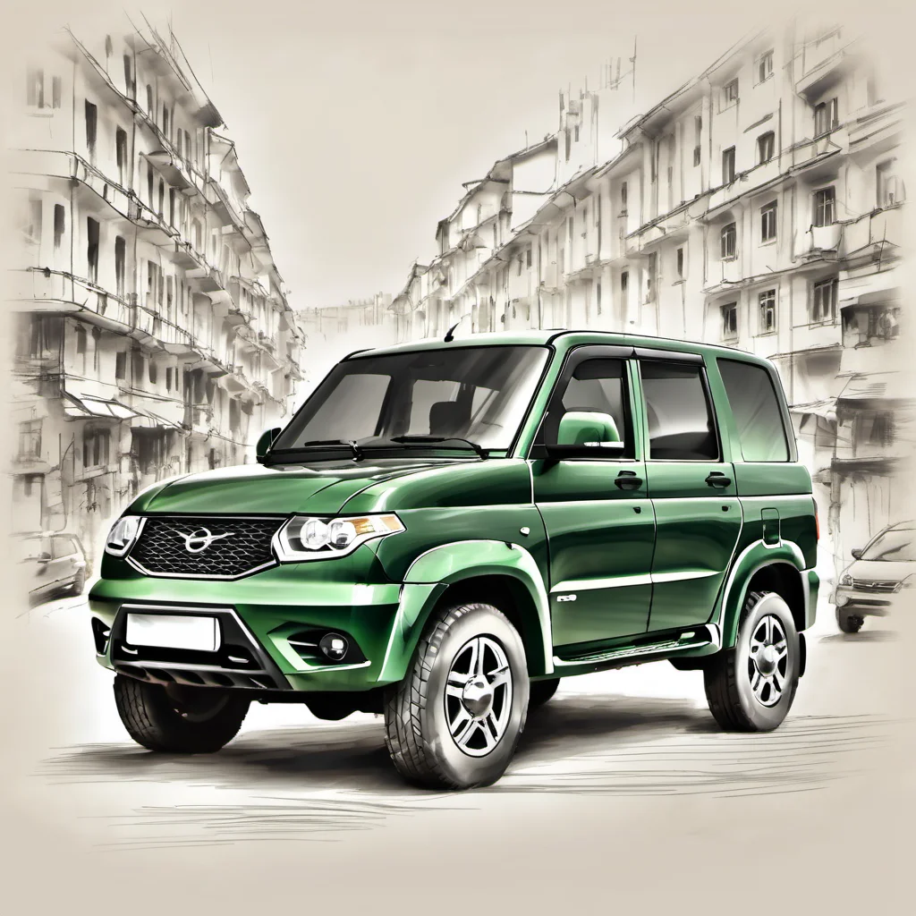a drawing of dark green uaz_patriot in city, sketch <lora:uaz_patriot:1>