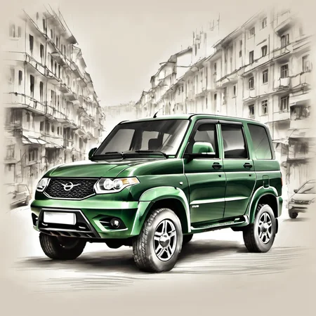a drawing of dark green uaz_patriot in city, sketch <lora:uaz_patriot:1>