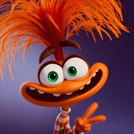 score_9, score_8_up, score_7_up, Expressiveh, masterpiece, best quality, highly detailed, realistic, (zPDXL3), 1girl, solo, (AnxietyIO, 3D, orange hair, orange body, green eyes, brown eyebrows, wide mouth, teeth, clothed, flat chested, striped shirt, white shirt, orange shirt, multicolored shirt, black belt, brown pants, upper body), close-up, tongue, smile, happy, open mouth, (purple background, simple background), ((looking at viewer, peace sign))