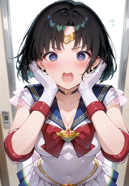 itou_ikuko_\(style\) ,,masterpiece,extremely detailed,best quality,amazing quality,newest,absurdres,highres, 1 girl ,supersailormoon,(bob_cut:1.1) , (black hair:1.1), hair_over_eyes  , circlet, earrings, sailor_collar,sailor senshi uniform,,heartchoker, red_bowtie,white_back_bow ,gloves, multicolored_miniskirt, blush, open mouth, holding her face in both hands, close to viewers,full_body