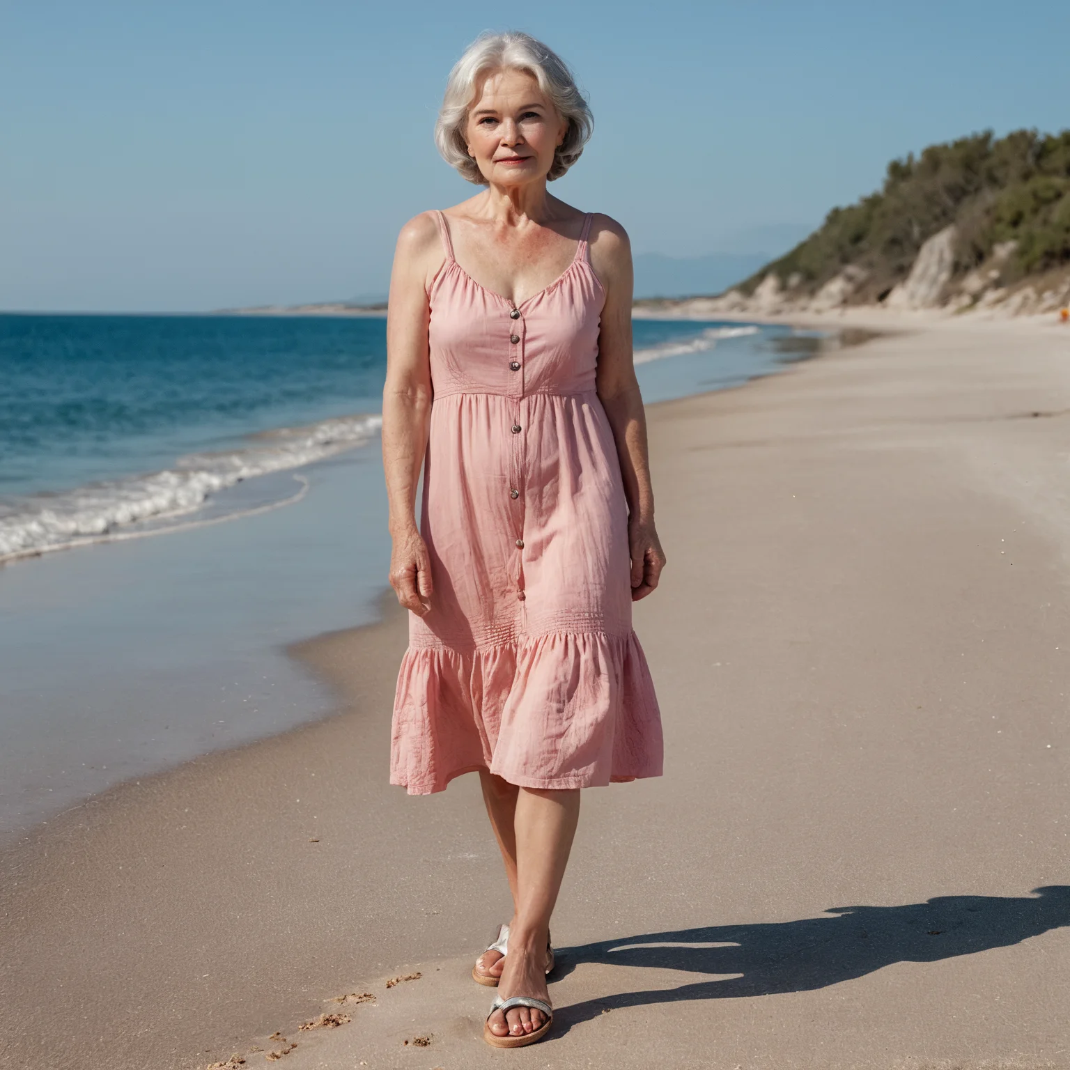 RAW photo, full body shot from the front of a beautiful 70 year old woman, wrinkled face, pink summer dress, she stands at the beach wearing sandals, full sharp, detailed face, visible feet, blue eyes, (high detailed skin:1.2), 8k uhd, dslr, soft lighting, high quality, film grain, Fujifilm XT
<lora:polyhedron_perfect_feet_000006:0.4> few pale freckles, pale skin, snow white skin, oiled shiny skin, dry skin, powdered skin, porcelain skin, blush, flushed cheeks, wrinkles, dark circles under the eyes, beauty spot, moles, blackhead, visible skin detail, dark circles under the eyes, acne scars, goosebumps, remarkable detailed pupils, (perfect eyes), ((perfect hands with four fingers and one thumb each)), four fingers, one thumb pupils, perfection, perfect eyes, perfect hands, perfect feet, two feet with five toes each, red polished toe nails <lora:polyhedron_all_sdxl-000004:0.2>