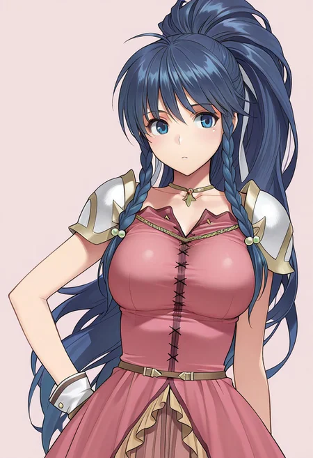 masterpiece, best quality, crimsonj-girl.fightil, 
  1girl,Tana, long hair, blue hair, ponytail, twin braids, blue eyes, dress, shoulder armor, large breasts,
simple background, perfect anatomy