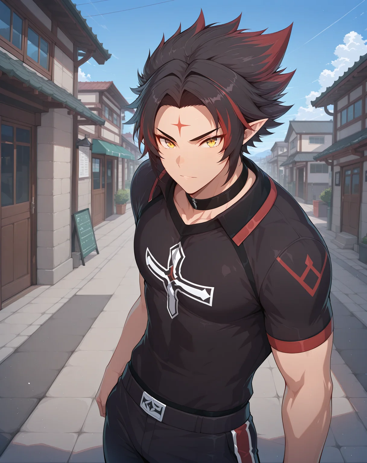 masterpiece, best quality, absurdres, very aesthetic,
1boy, solo, yaoi, male focus,
looking at viewer, cowboy shot, standing,
<lora:Ryan_Werewolf:1> ryanwerewolf, black hair, multicolored hair, pointy ears, facial mark, red hair, two-tone hair, streaked hair, forehead mark, yellow eyes,
sportswear,
outdoors, dawn, blue sky, building, street,