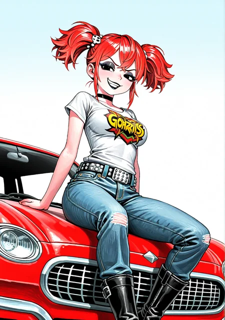 masterpiece,best quality,amazing quality, FMIXFT, radiant details, GOHERIS, 1girl, red hair, short twintails, hair ornament, black eyes, black lips, choker, aged up, scowl, denim pants, white studded belt, print shirt, medium breasts, black eyeshadow, black boots, leather boots, sitting atop car, vehicle, from below, smirk, >:d, smug