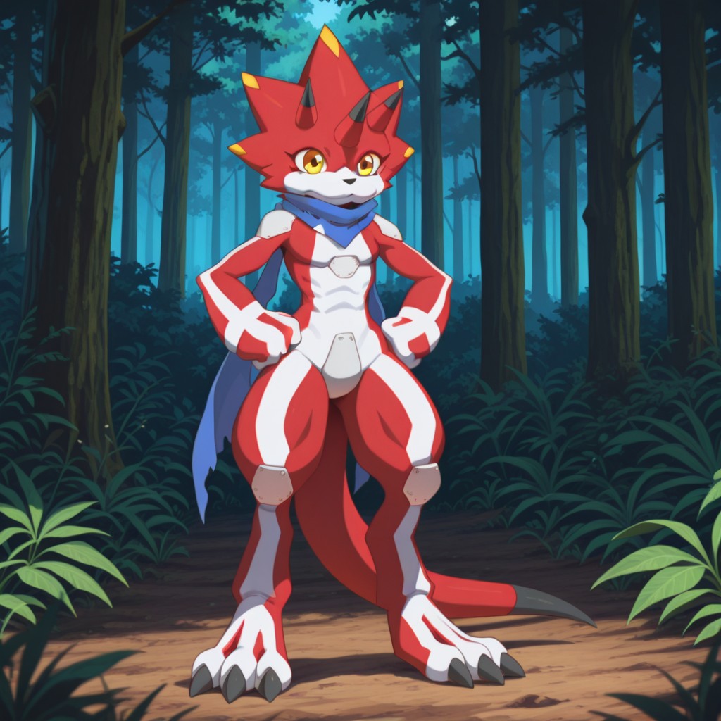 masterpiece, best quality, amazing quality, wBetelGil, anthro, BetelGammamon, ceratopsian , red skin, yellow eyes, blue scarf, horns, nose horn, tail,  standing, hands on hips, in forest, solo, full body, <lora:3cc7d2e1-86b3-45cd-aab2-8d0377567d55:1.0>