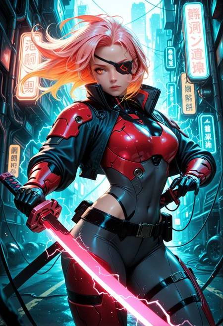 SmoothNoob_Quality, high contrast,dynamic compasiton, 1girl, large pupil, eyelashes, brilliant skin, solo, electricity,floating hair,holding sword, cyberpunk warrior, neon lights, glowing katana, electric red armor, cinematic lighting, high-tech accessories, futuristic vibes, ready to draw, scabbard, dynamic pose, thunder sword, eyepatch,