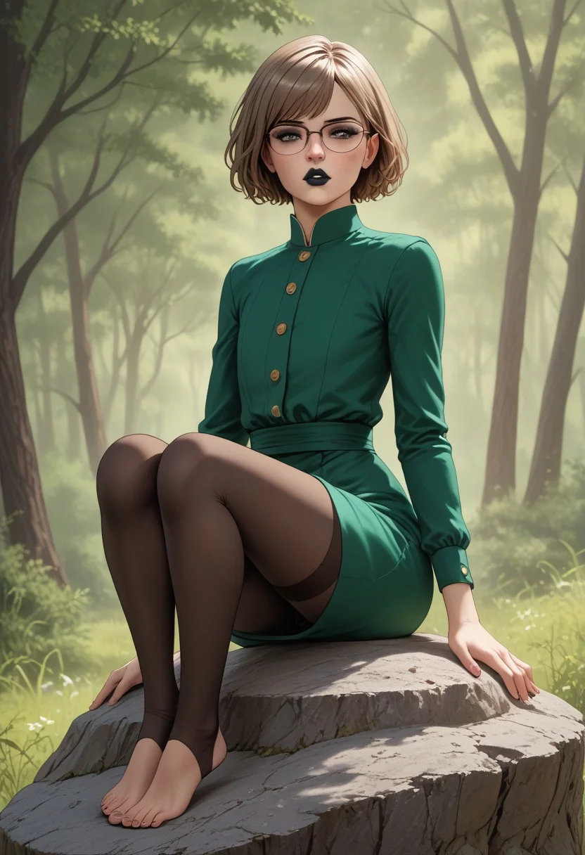 Style(best quality, ultra-detailed, splendid colors, vibrant colors, illustration, concept art, traditional media, hyper-realistic colorful sketch, mythp0rt, r3tr0, f3rn4nd0, (line art), (full-body shot));
Subject1(
Appearance(1girl, solo, skinny, thin, frail, petite, square face, wide jaw, strong chin, a-cup bust, flat bust, flat-chested, short hair, light-brown hair, (dark hazel eyes), freckles, (thin lips:1.4), closed-mouth, blank expression).
Clothing(eyeshadow, mascara, black lipstick, glasses, green dress, leggings, bare feet).
Stance(sitting on rock, looking up at viewer, mouth open));
Background(forest, creek bottom);
((4k,8k,Ultra HD)),((Masterpiece :1.2)),((Best quality :1.2)),((Detailed :1.5)),((Detailed background :1.5))