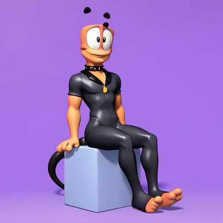 wormsteam17, wormrender, worm, 1worm, male focus, anthro, solo, no humans, full body, sitting, kenes up, arm support, floating black eyebrows, black eyes, black leather collar, worm's body covered in skintight black latex suit, (pectorals), (legs), thighs, cartoon feet, worm tail, w3drender, 3d, cartoony, purple background, simple background, masterpiece, best quality