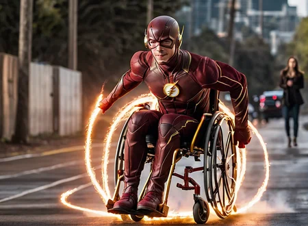 barry allen the flash on wheelchair moving at supersonic speed creating flame trails, speed trails, motion blur, electricity speed outdoor, realistic highly detailed cinematic cinematography, movie shots footage,