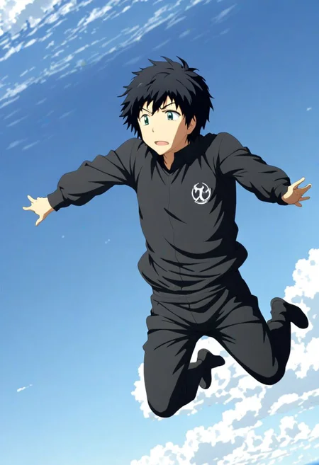 high resolution, solo, best quality, 1Boy, Arata Kaizaki, Black Hair, free fall, sky , OverallDetail