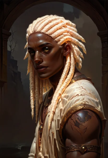 masterpiece, best quality, newest, absurdres, highres, DFOP-V3.0, oil painting, realistic, 1boy, dark skin, dark-skinned male, dredlocks, white dreadlocks, african, african male,