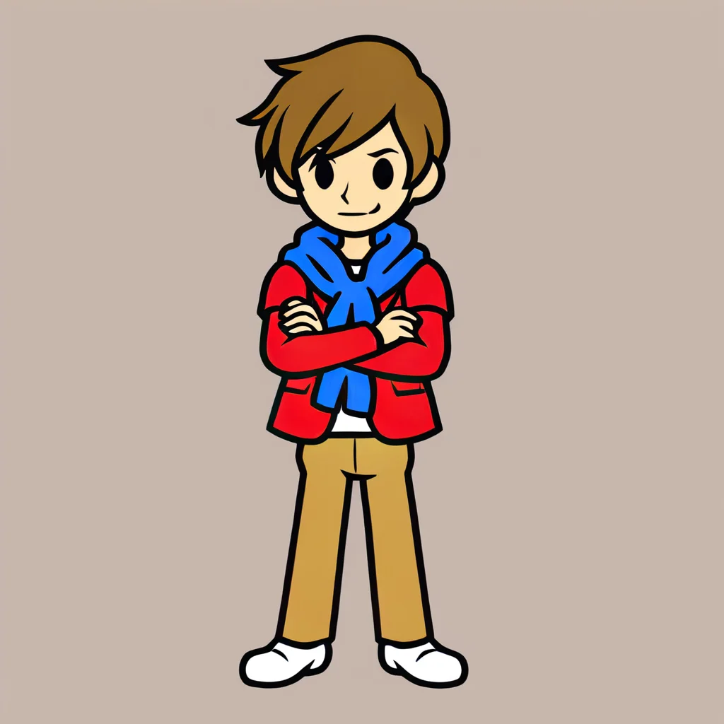 1boy, blue scarf, red jacket, undershirt, brown pants, white shoes, brown hair, short hair, crossed arms, short sleeves, full body, <lora:Rhythm_Heaven_SDXL:0.7>