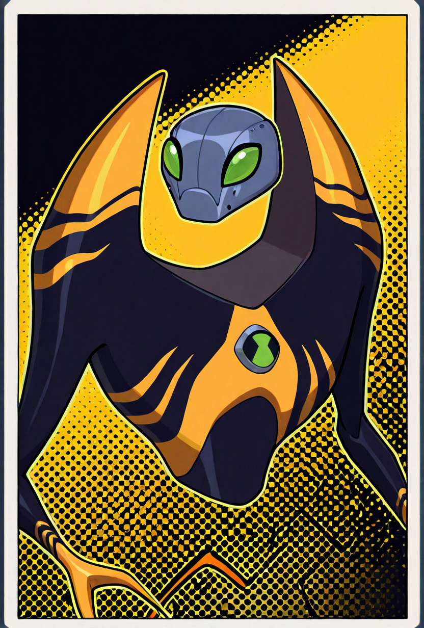 <lora:lodestar-10:1> lodestar, solo, alien, robot, no humans, green eyes, crab claws, black body, yellow stripes, yellow background, black background, small head, grey head,, masterpiece, best quality, amazing quality, very aesthetic, absurdres, newest,, upper body, halftone effect, white borders, abstract background:1.2,