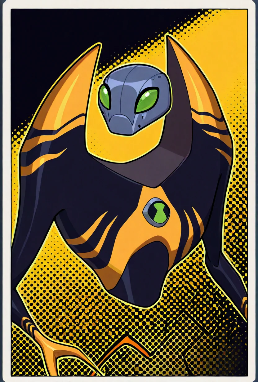 <lora:lodestar-10:1> lodestar, solo, alien, robot, no humans, green eyes, crab claws, black body, yellow stripes, yellow background, black background, small head, grey head,, masterpiece, best quality, amazing quality, very aesthetic, absurdres, newest,, upper body, halftone effect, white borders, abstract background:1.2,