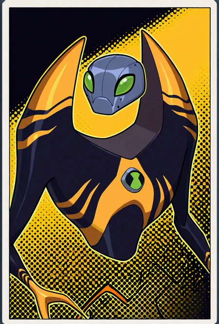 <lora:lodestar-10:1> lodestar, solo, alien, robot, no humans, green eyes, crab claws, black body, yellow stripes, yellow background, black background, small head, grey head,, masterpiece, best quality, amazing quality, very aesthetic, absurdres, newest,, upper body, halftone effect, white borders, abstract background:1.2,