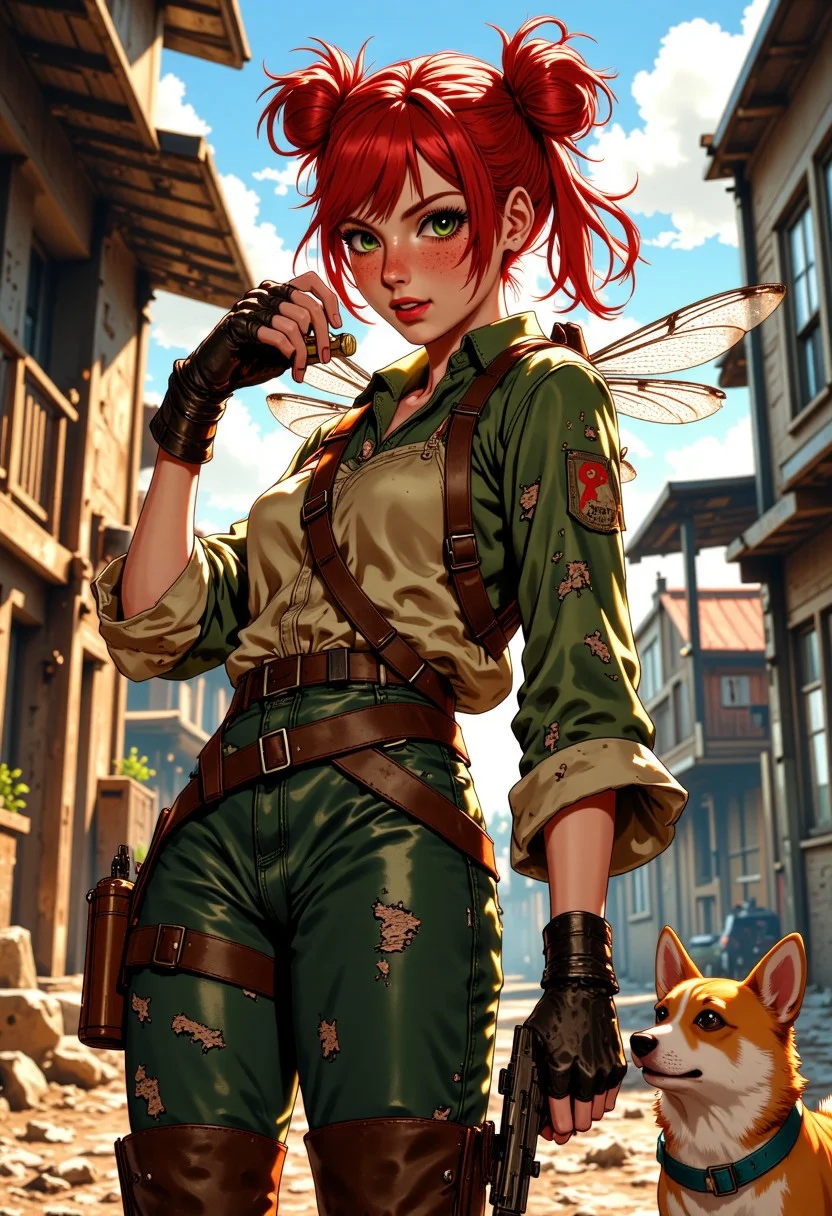highly detailed and dramatic digital artwork, featuring a chaotic woman, red hair, done up in two buns atop her head, green eyes, fair skin, many freckles, dragonfly wings, fantasy, in the background a western setting, looking at viewer with chin up boldly, holds a small explosive in her hand, she looks fierce and confident as well as mischievous. She wears a mismatched set of clothes, ripped and patched in many places, a bandolier of bottles, tall leather laced boots, dark green leather leggings, brown leather belt around the waist. bold makeup and lashes accentuate her green eyes. Expressive pose, dusty dramatic lighting, full body, bold pose, volumetric lighting, vivid colours. A corgi in the background. Perfect Composition, realistic photographic image, RAW photo highest quality