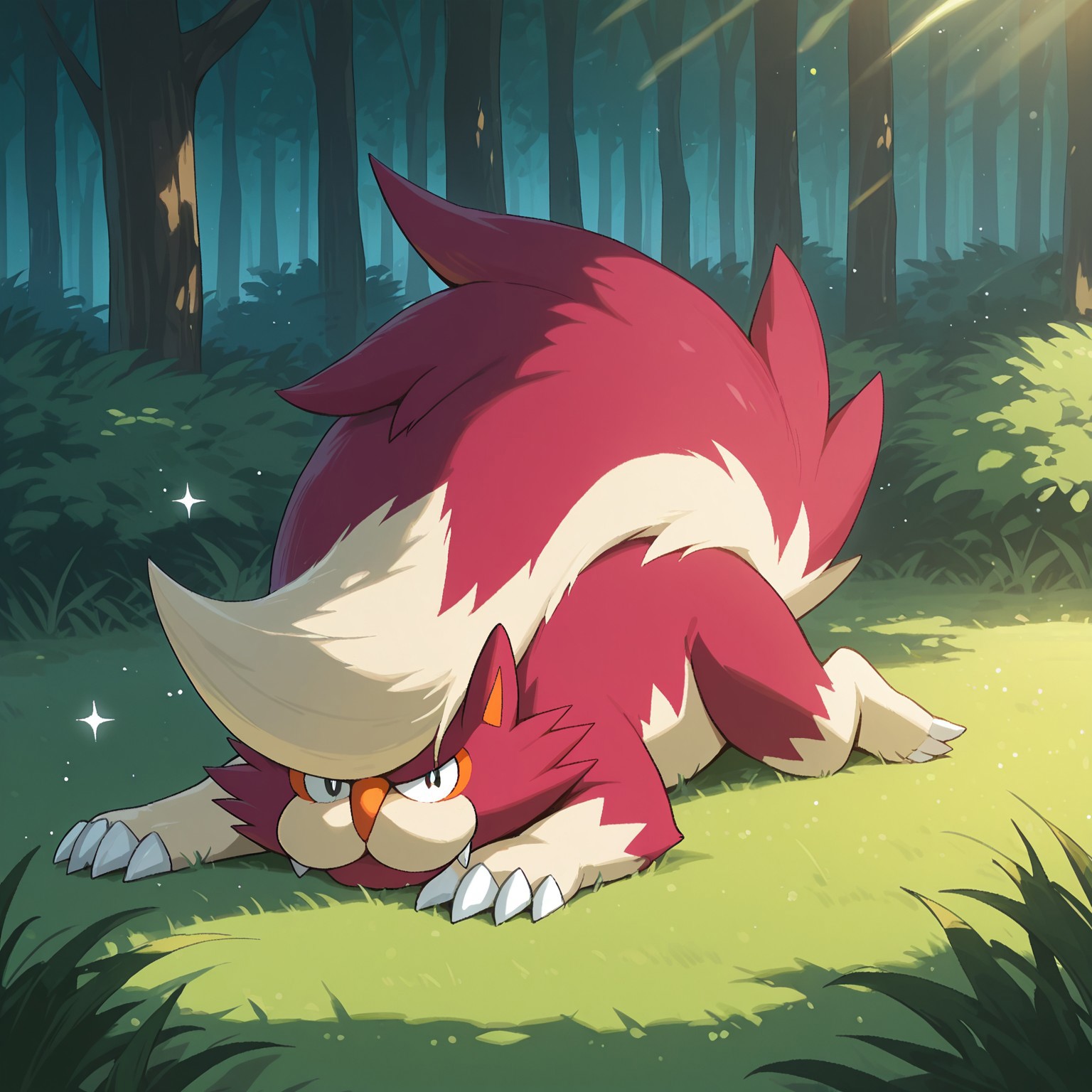 Solo, 2d, Skuntank, pokemon (creature), feral, spiky fur, skunk, ((red fur, red face tufts)), beige fur, two-tone fur, huge tail, tail on head, orange nose, claws, toe claws, black pupils, fangs, orange inner ears

BREAK best quality, amazing quality, very aesthetic, absurdres, newest, masterpiece, high quality

BREAK outside, lying down, relaxed, outside, forest, sparkling, sparkles, bushes, grass, trees, morning