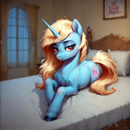 <lora:Elenette_Pony_OC:1> <lora:bad_prompt_version2-neg:1> <lora:By bad artist -neg:1> hi_res, score_9, score_8_up,  ElenetteOC, lying down, looking at viewer, bedroom eyes, beautiful, indoors, bedroom, on bed