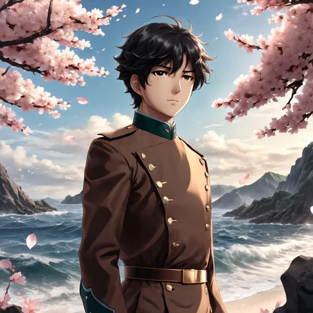 1boy , masterpiece, best quality, highres, 4k, 8k, intricate detail, cinematic lighting, amazing quality, amazing shading, soft lighting, anime style, wallpaper, black hair, (brown tatenokai567:1.2),sakura petals,sea,bang, looking at viewer, military, <lora:ShieldLoraXL-000009:1.0>