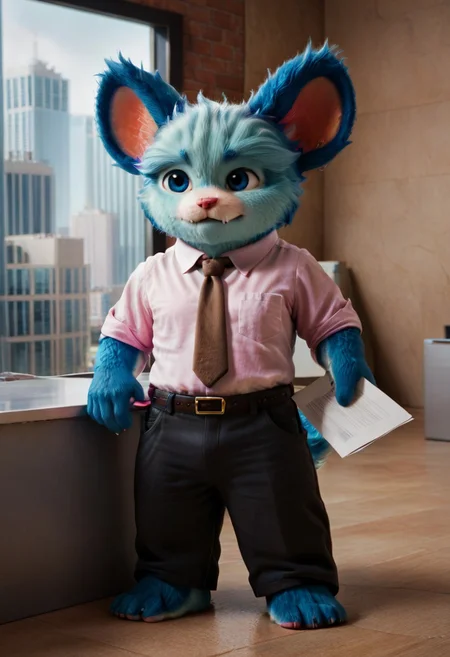 (((Barefoot furry character, full body, cinematic setting, furry male, plantigrade)))
(((nubs_pooba))) dressed as (((businessman))), standing before (((modern glass and steel office building))), (((wearing pink shirt with brown necktie and long black pants))), stern, strict, ((arrogant))), blue fur, blue eyes, round ears, two little fangs, holds paper plates. semi-realistic animation
BREAK, intricate details, highly detailed, extreme detail, octane render, fine art, best quality, highres, (detailed face:1.5), ((full_body)), UHD, (((perfect hands))), ((low light:1.5))