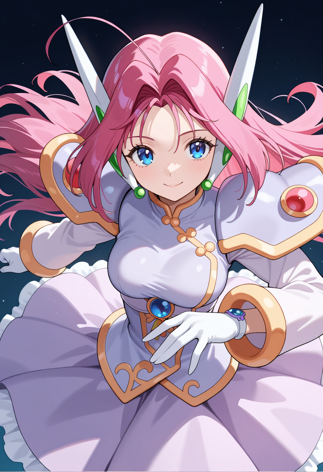 masterpiece, best quality, very aesthetic, absurdres, 1girl, solo,
<lora:corrector_haruna_wind_v01:0.9>, corrector_haruna, wind_element_suit, pink hair, long hair, ahoge, blue eyes,
magical girl, robot ears, shoulder armor, dress, jewelry, long sleeves, white gloves, circle skirt, (smile:0.7), posing, upper body