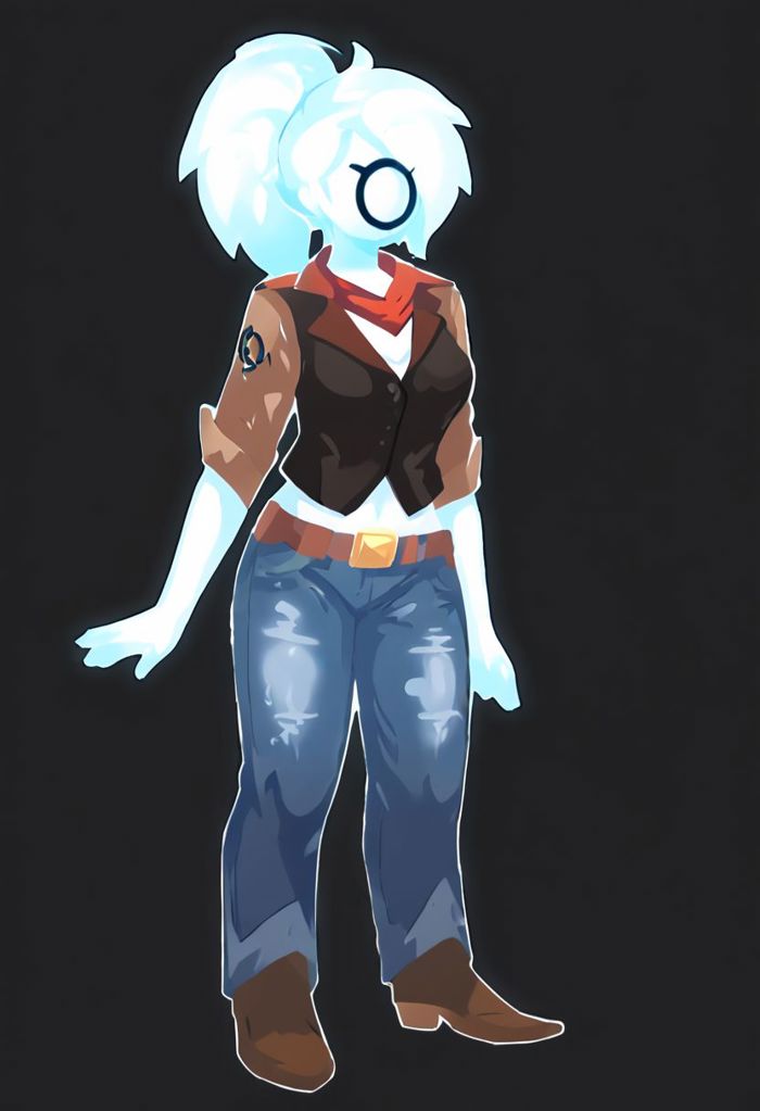 Novakid, 1girl, solo, omega symbol on face, faceless, no eyes, no mouth, no nose, no facial features, white fiery hair, long fiery hair, body made of plasma, white plasma, white skin, cowboy hat, black vest, white shirt, jeans, brown jacket, standing, ponytail, facing viewer, full body, collarbone, red neckerchief, black background, simple background,,