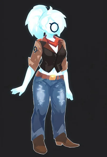 Novakid, 1girl, solo, omega symbol on face, faceless, no eyes, no mouth, no nose, no facial features, white fiery hair, long fiery hair, body made of plasma, white plasma, white skin, cowboy hat, black vest, white shirt, jeans, brown jacket, standing, ponytail, facing viewer, full body, collarbone, red neckerchief, black background, simple background,,