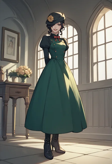 score_9, score_8_up, score_7_up, source_anime, 1girl, full body, looking at you, smile, arms behind back, <lora:zs_MayoneXL:1> mayonesh, hat, black hair, medium hair, hair over one eye, makeup, lipstick, green dress, puffy sleeves, black gloves, high heel boots, indoors